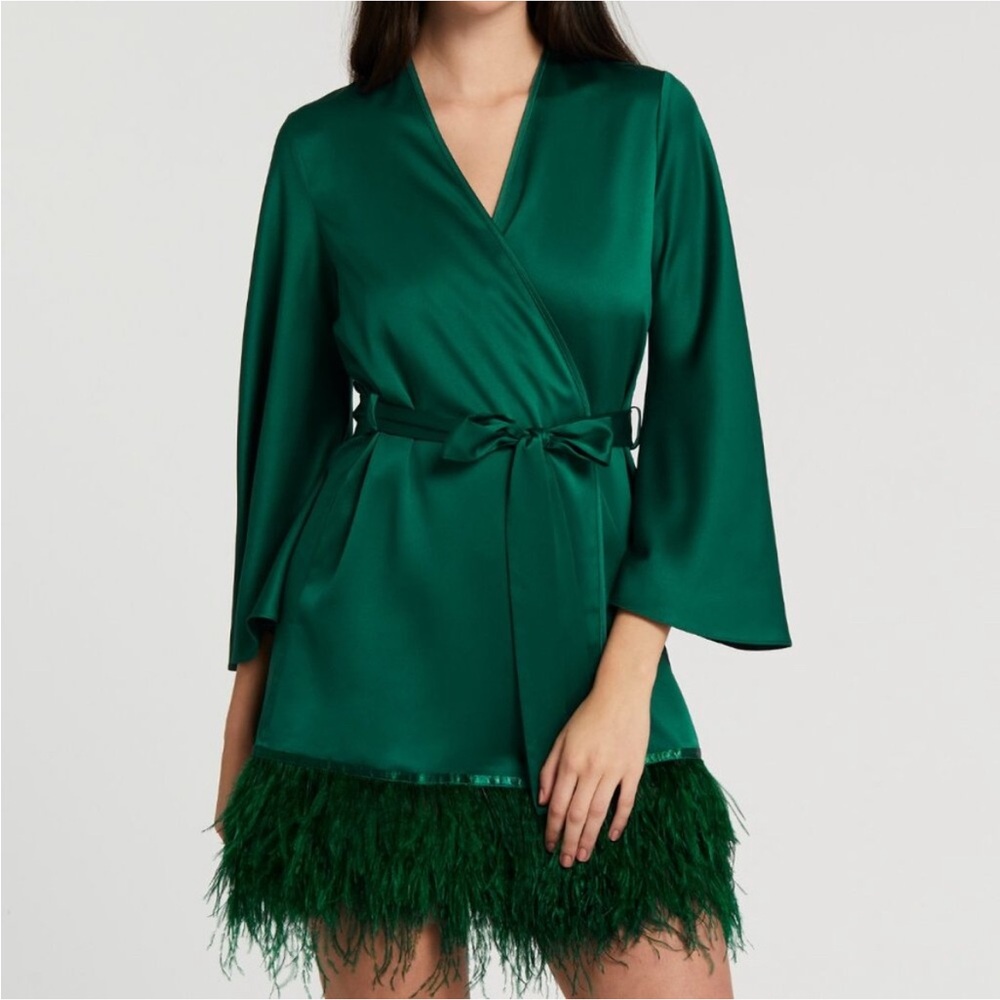 Rya Collection Swan Charmeuse Ostrich Feather Trim Hem 3/4 Sleeve Robe XL New